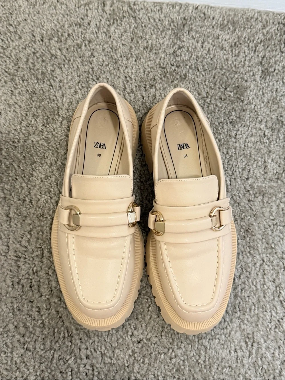 Zara Cream Chunky Lug Loafers with Metal Buckle
